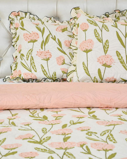 Off White Flower Printed Glace Cotton Bedcovers | Queen Size | 90 X 100 inches