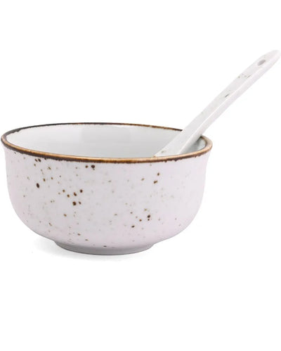 White Sparkle Porcelain Soup Bowls & Spoons | Set of 12