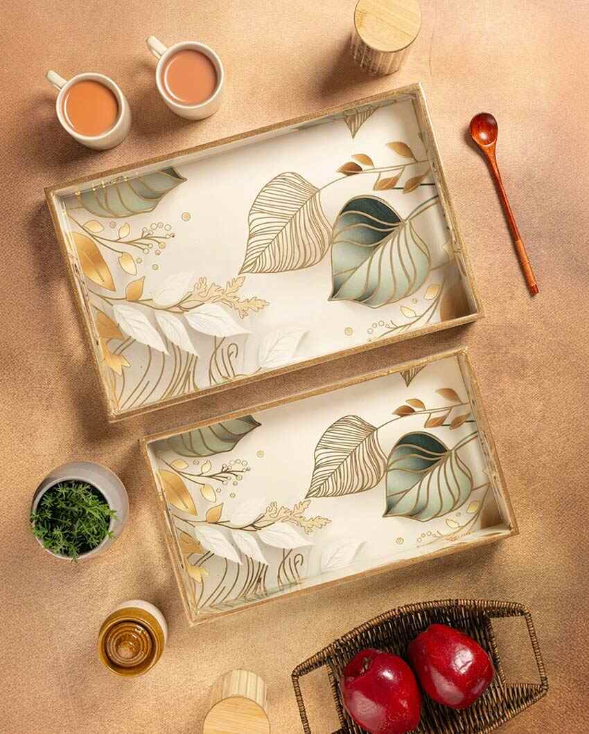 White Leaf Serving Mdf Wooden Trays | Set Of 2