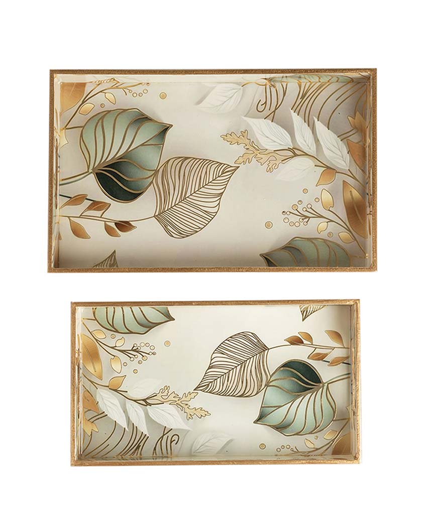 White Leaf Serving Mdf Wooden Trays | Set Of 2