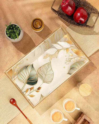 Large White Leaf Serving Mdf Wooden Tray | 16 x 10 x 2 inches