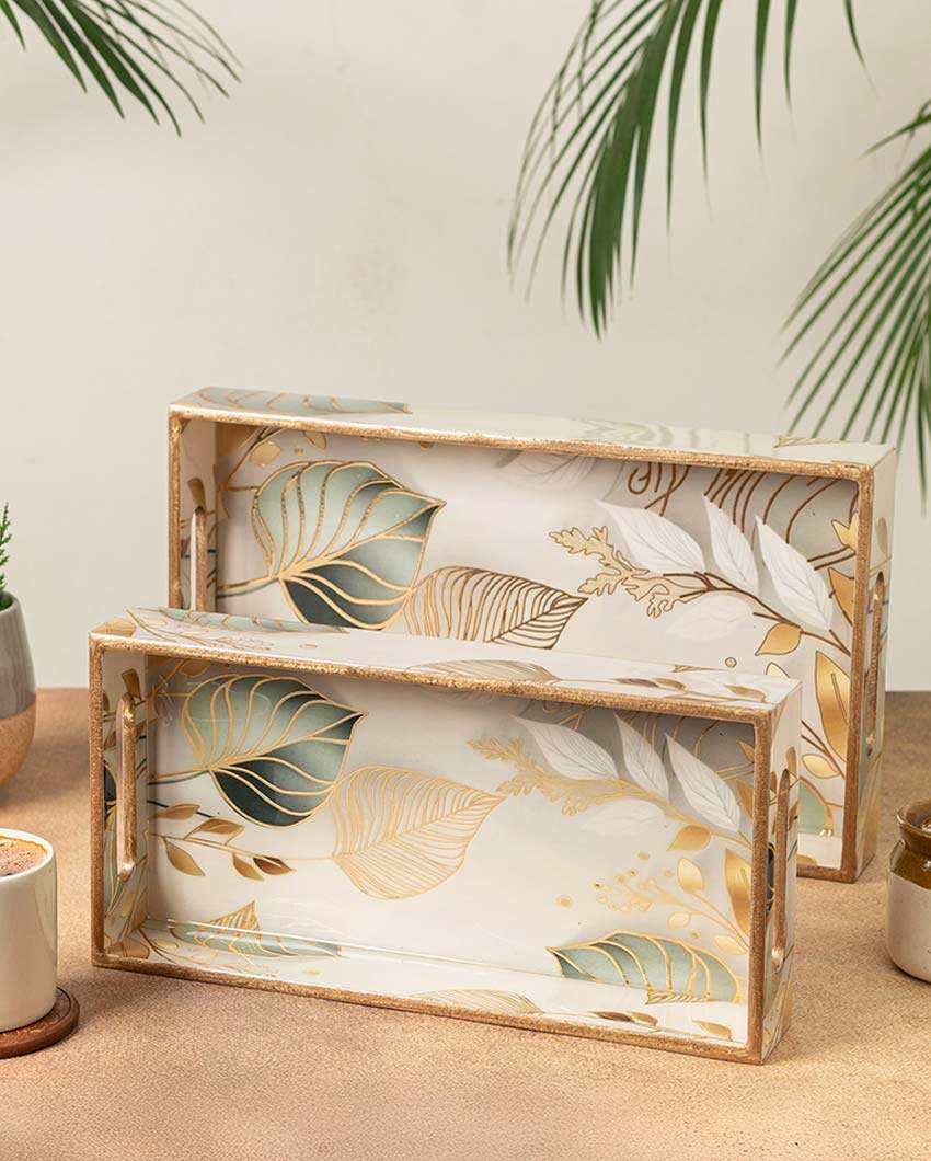 Tropical White Leaf Serving Mdf Wooden Trays | Set Of 2