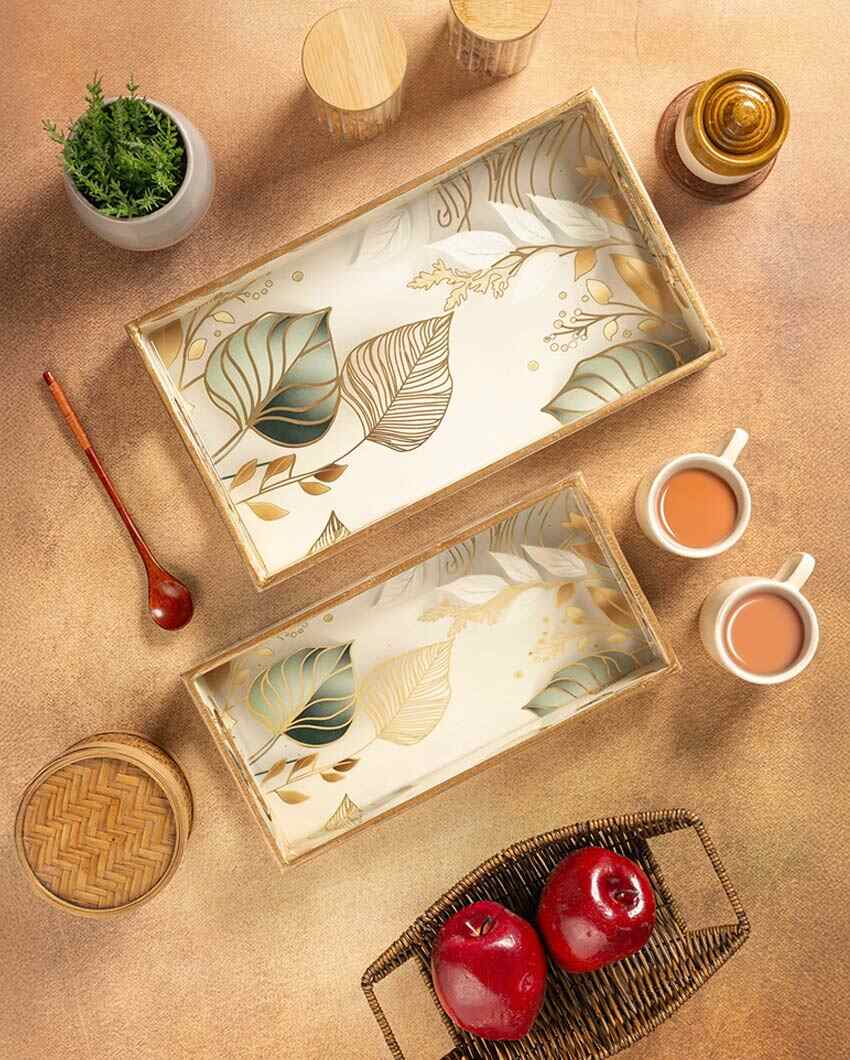 Tropical White Leaf Serving Mdf Wooden Trays | Set Of 2