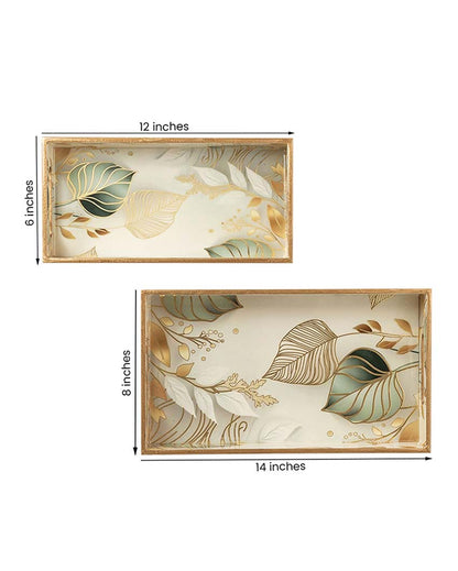 Tropical White Leaf Serving Mdf Wooden Trays | Set Of 2