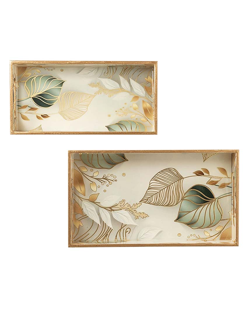 Tropical White Leaf Serving Mdf Wooden Trays | Set Of 2