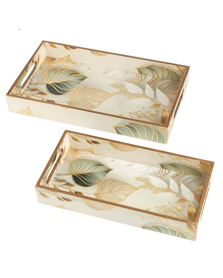 Tropical White Leaf Serving Mdf Wooden Trays | Set Of 2