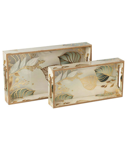 Tropical White Leaf Serving Mdf Wooden Trays | Set Of 2