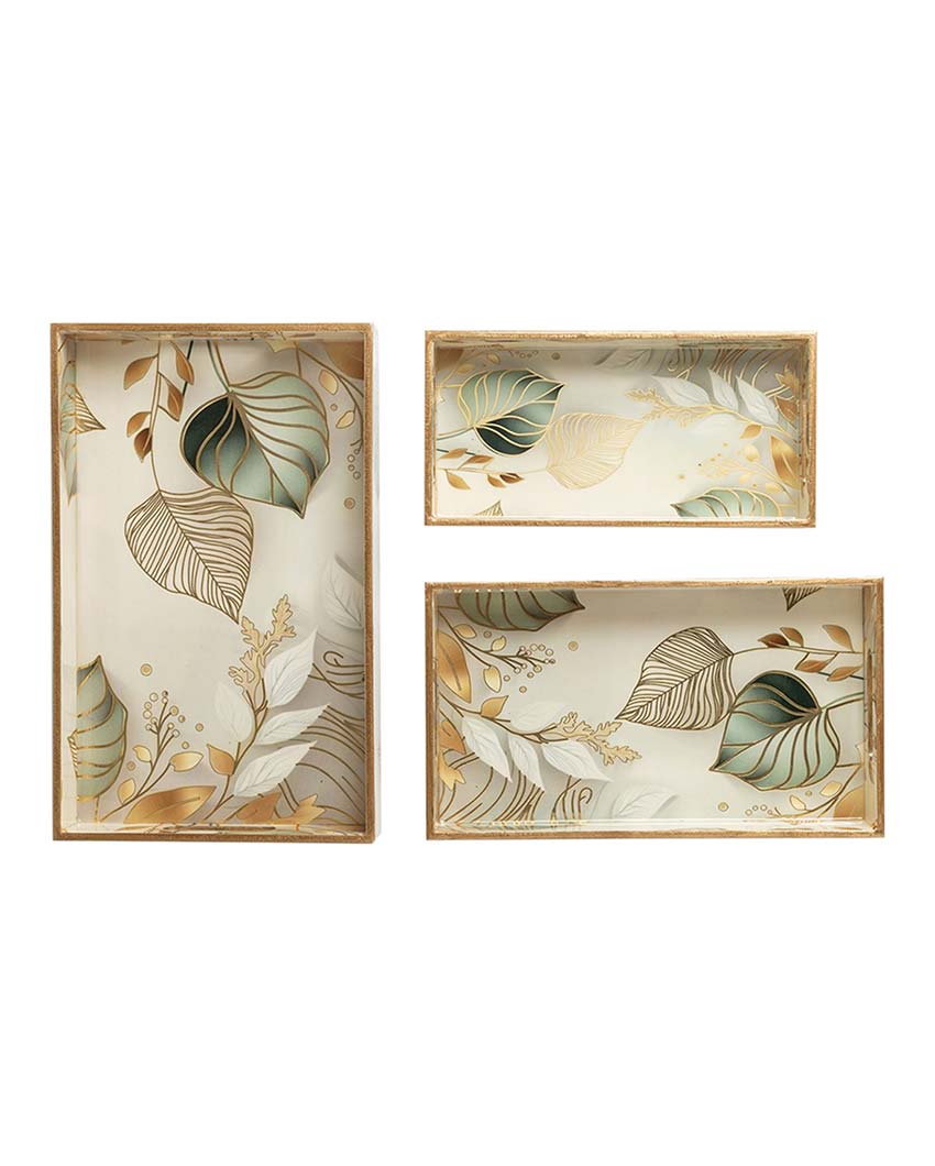 White Leaf Serving Mdf Wooden Trays | Set Of 3