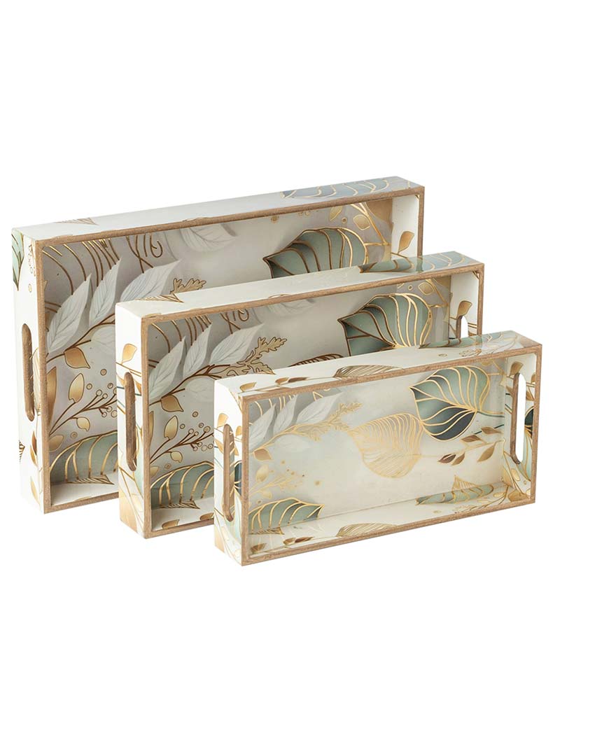 White Leaf Serving Mdf Wooden Trays | Set Of 3