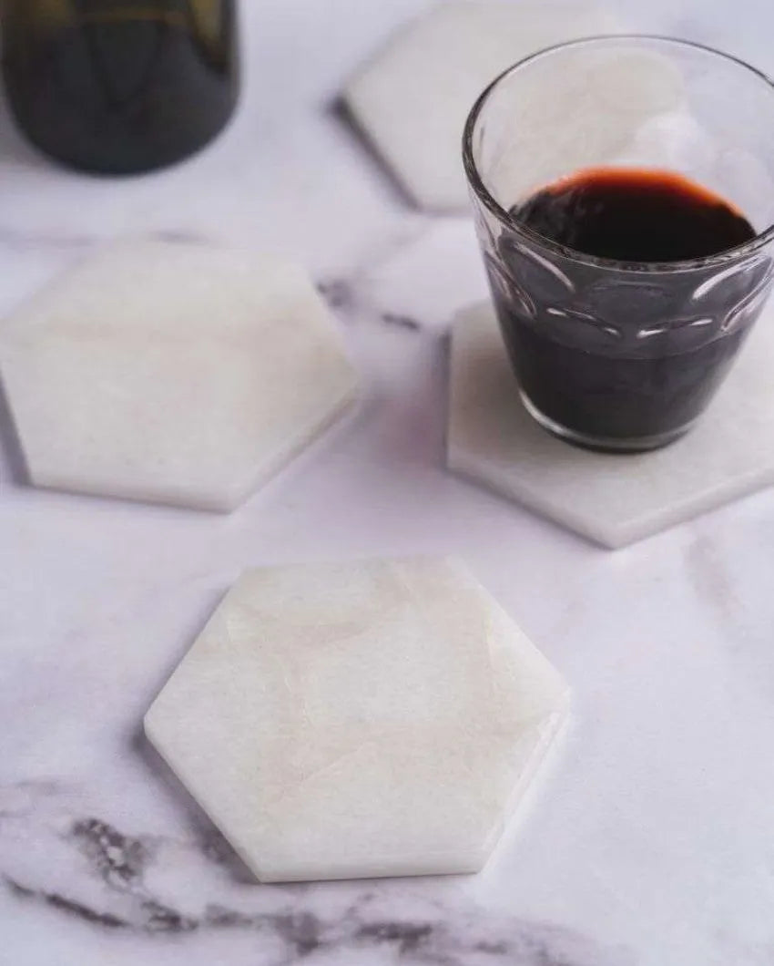 Chic White Quartz Hexagon Coaster | Set of 4