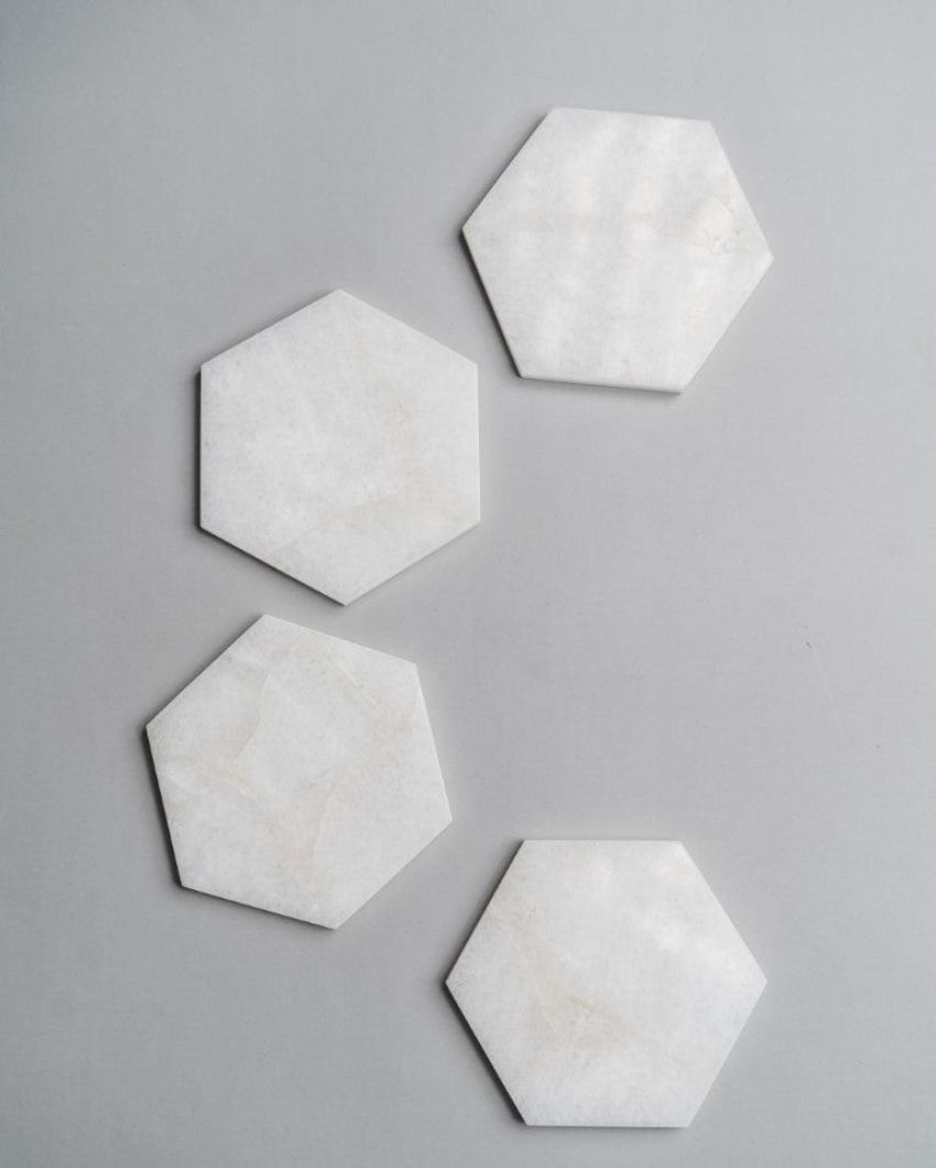 Chic White Quartz Hexagon Coaster | Set of 4