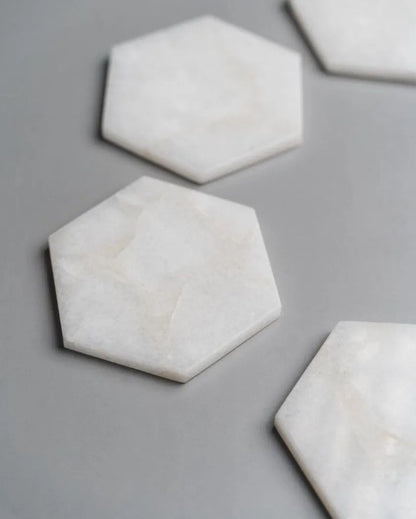 Chic White Quartz Hexagon Coaster | Set of 4