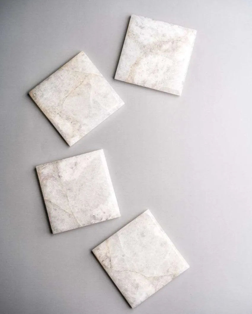 Elegant White Quartz Square Stone Coaster | Set of 4