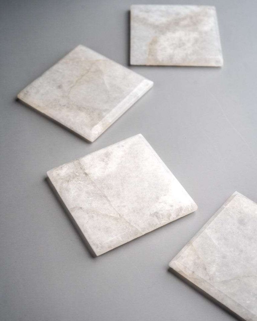 Elegant White Quartz Square Stone Coaster | Set of 4