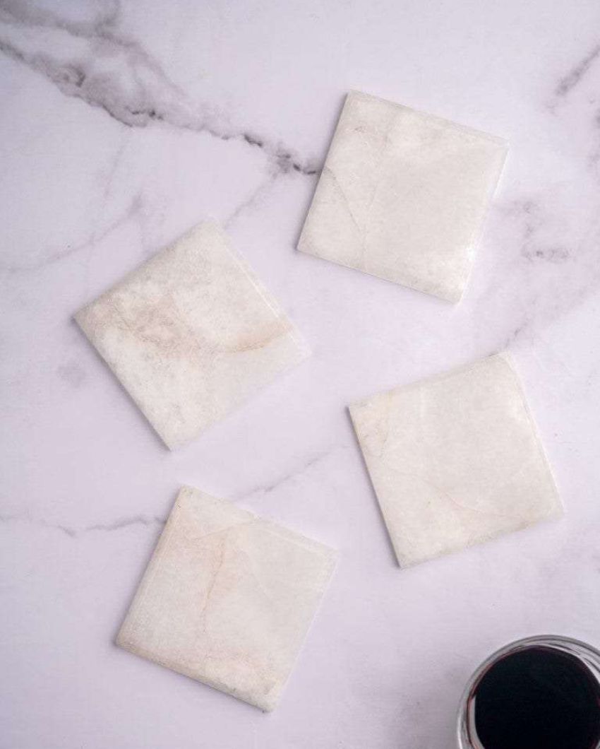 Elegant White Quartz Square Stone Coaster | Set of 4