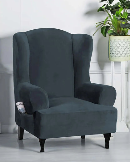 Velvet Wingback Stretchable Slip Chair Cover | 35 x 33 x 39 inches