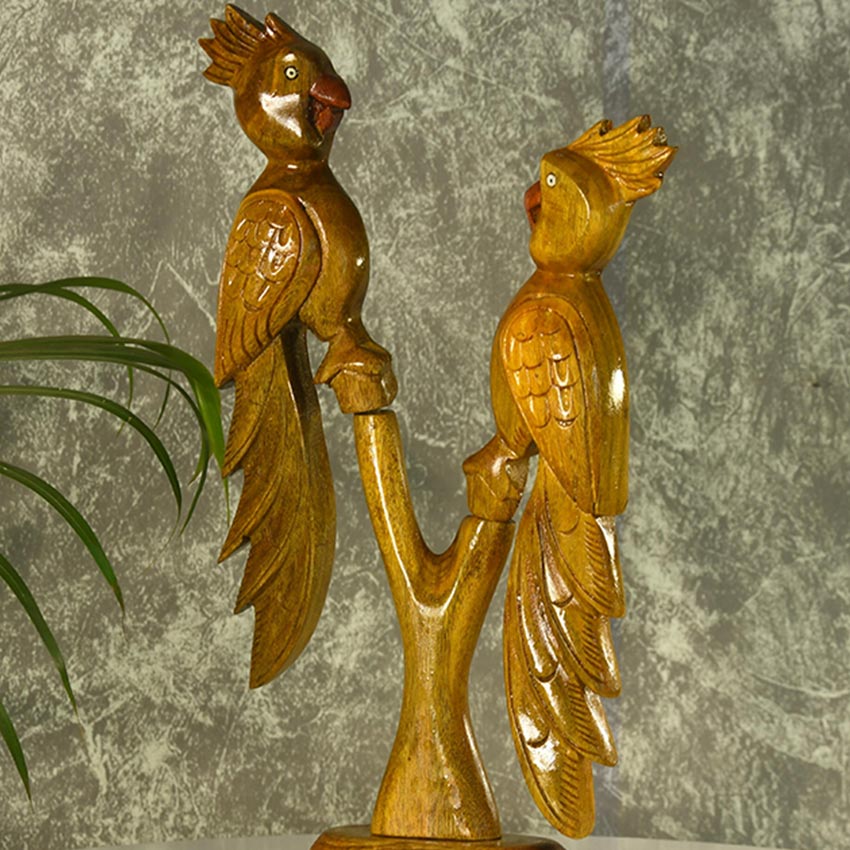 Hand-Carved Brown Wooden Parrot Decorative Object | 6 x 2 x 10 inches