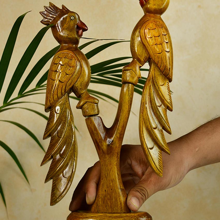 Hand-Carved Brown Wooden Parrot Decorative Object | 6 x 2 x 10 inches