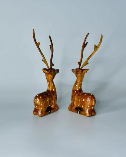 Sitting Wooden Deer | Set Of 2