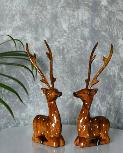 Sitting Wooden Deer | Set Of 2