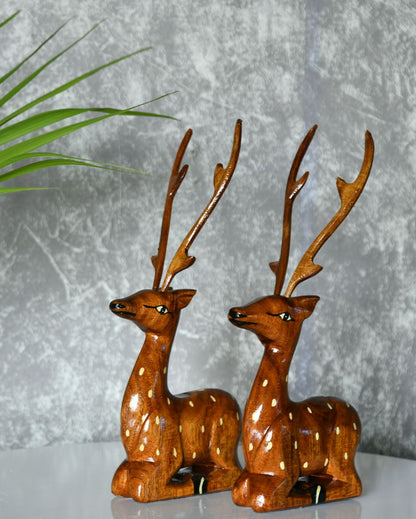 Sitting Wooden Deer | Set Of 2