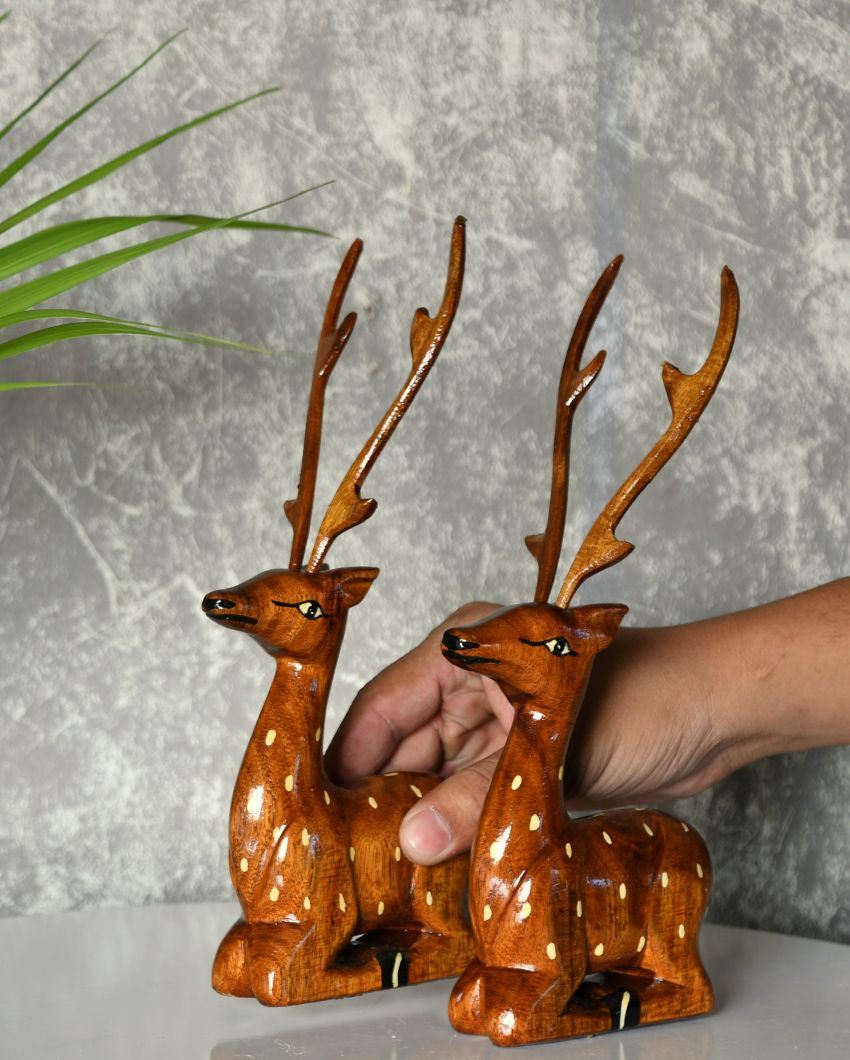 Sitting Wooden Deer | Set Of 2