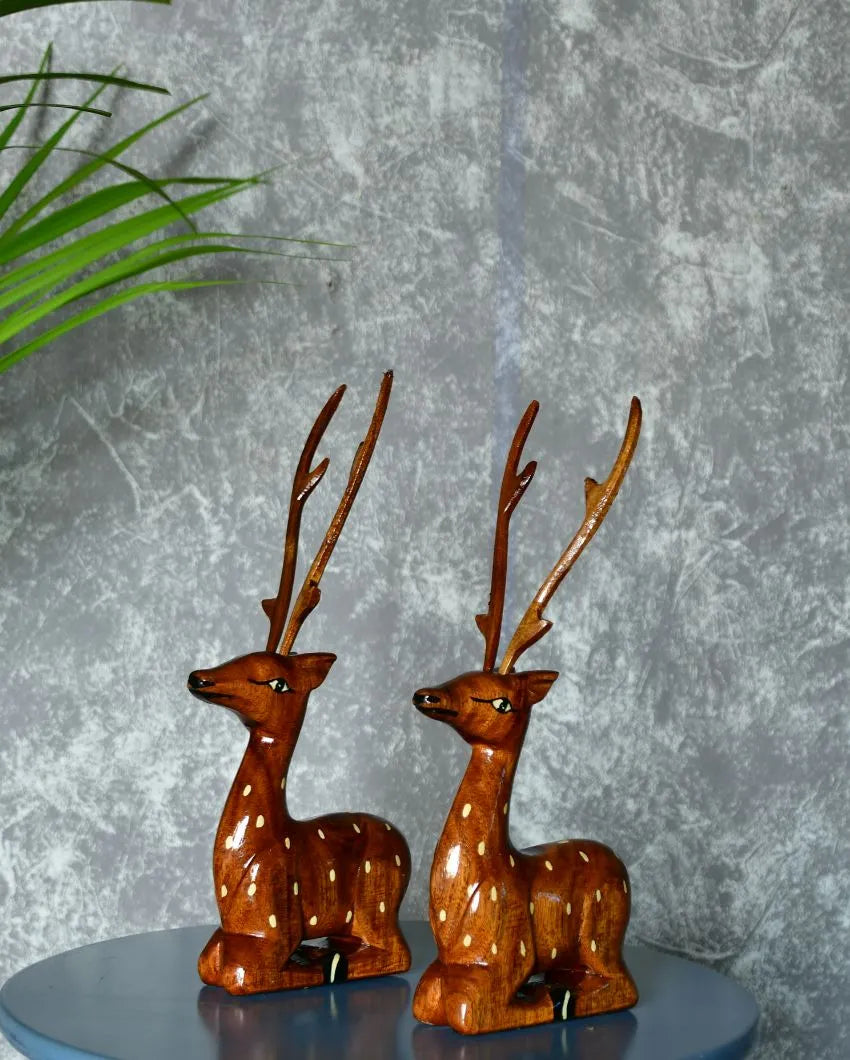 Sitting Wooden Deer | Set Of 2