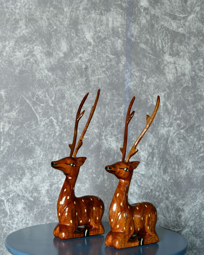 Sitting Wooden Deer | Set Of 2