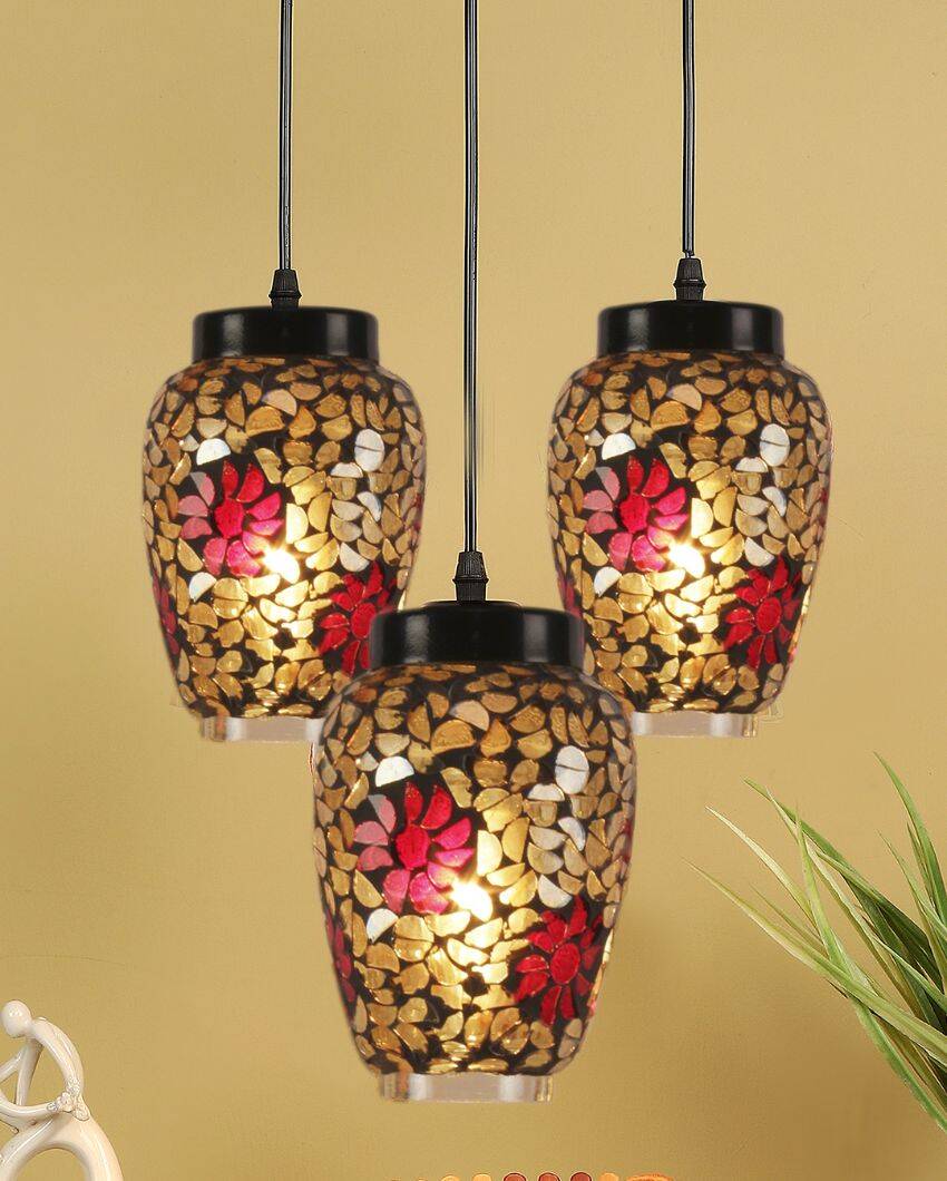 Multicolor Cluster Flower Mosaic Glass Three Hanging Lamps With Base | 10 x 20 inches