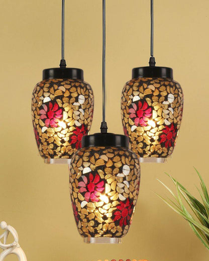 Multicolor Cluster Flower Mosaic Glass Three Hanging Lamps With Base | 10 x 20 inches