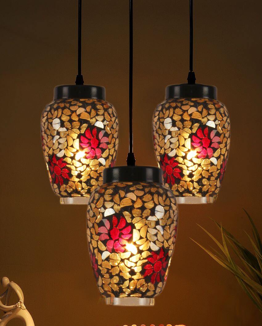 Cluster Flower Mosaic Glass Three Hanging Lamps With Base | 10 x 20 inches