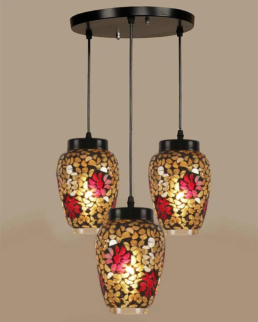 Multicolor Cluster Flower Mosaic Glass Three Hanging Lamps With Base | 10 x 20 inches