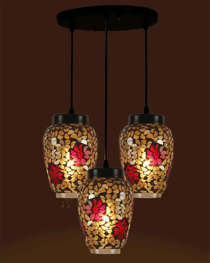 Multicolor Cluster Flower Mosaic Glass Three Hanging Lamps With Base | 10 x 20 inches