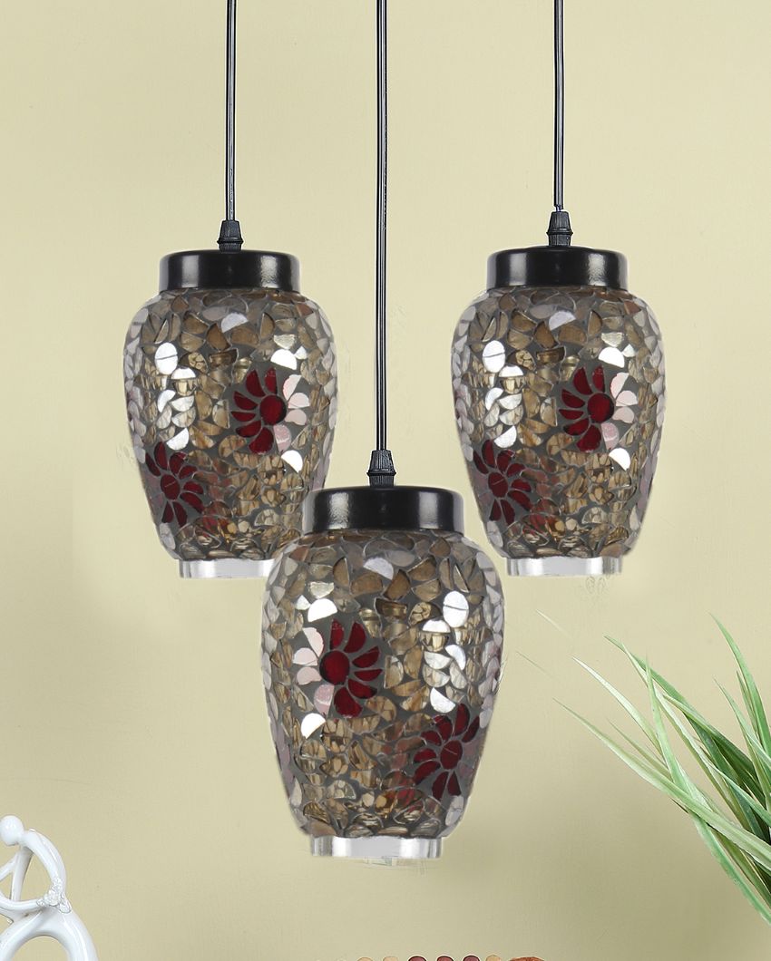 Multicolor Cluster Flower Mosaic Glass Three Hanging Lamps With Base | 10 x 20 inches