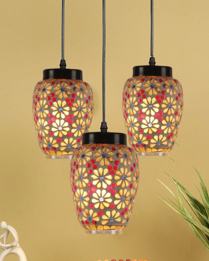 Cluster Multicolor Mosaic Glass Three Hanging Lamps With Base | 10 x 20 inches