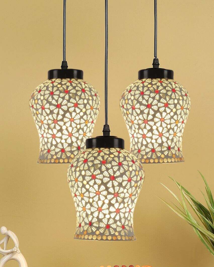 Multicolor Flora Mosaic Cluster Three Hanging Lamps | 10 x 20 inches