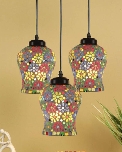 Multicolor Botanicals Mosaic Cluster Three Hanging Lamps With Base | 10 x 20 inches