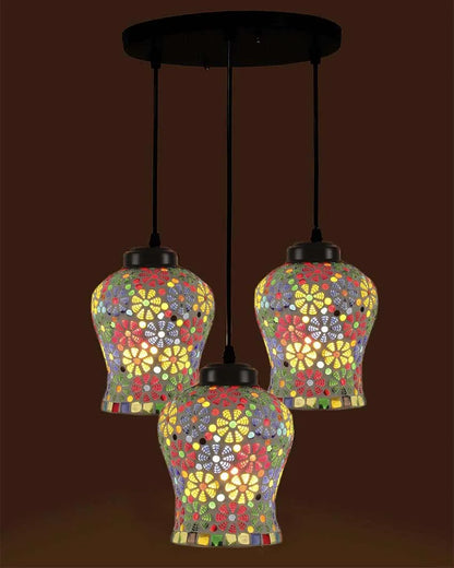 Multicolor Botanicals Mosaic Cluster Three Hanging Lamps With Base | 10 x 20 inches