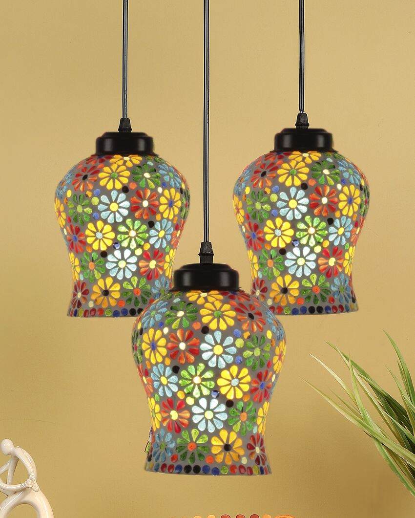 Antique Design Multicolor Mosaic Cluster Three Hanging Lamps With Base | 10 x 20 inches