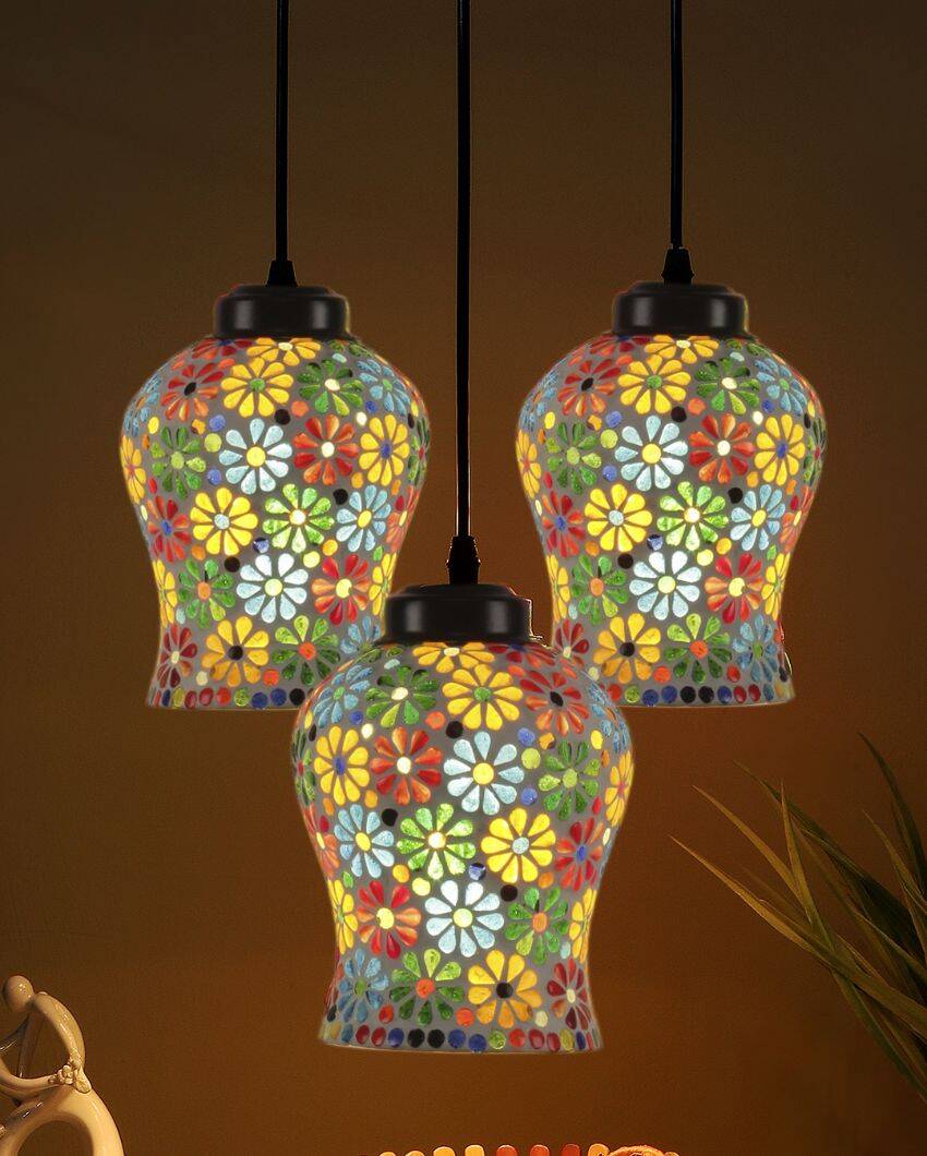 Antique Design Multicolor Mosaic Cluster Three Hanging Lamps With Base | 10 x 20 inches