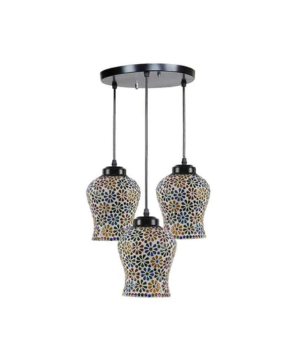 Antique Design Multicolor Mosaic Cluster Three Hanging Lamps With Base | 10 x 20 inches