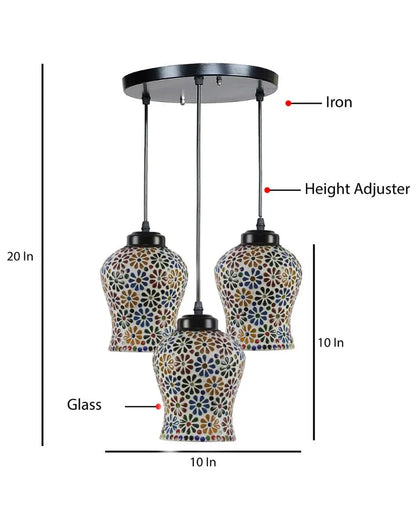 Antique Design Multicolor Mosaic Cluster Three Hanging Lamps With Base | 10 x 20 inches