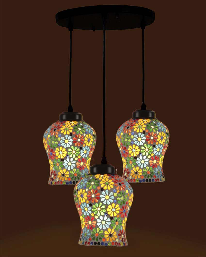 Antique Design Multicolor Mosaic Cluster Three Hanging Lamps With Base | 10 x 20 inches