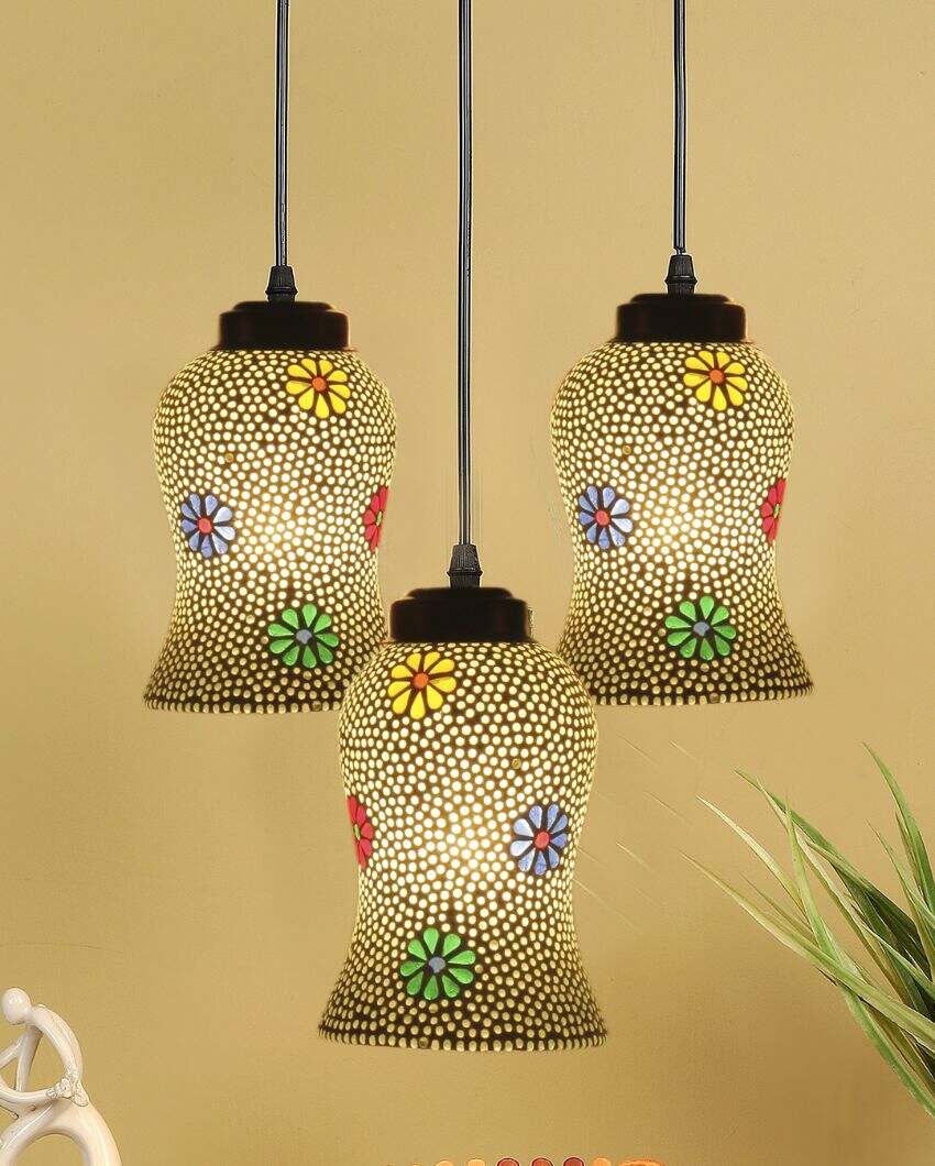 Old fashioned Art Mosaic Cluster Three Hanging Lamps | 10 x 20 inches