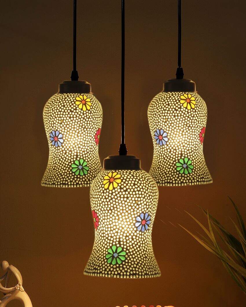 Old-fashioned Art Multicolor Mosaic Cluster Three Hanging Lamps | 10 x 20 inches