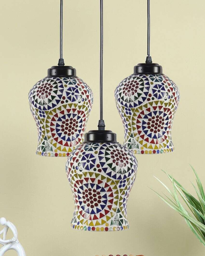 Floral Illustration Mosaic Cluster Three Hanging Lamps | 10 x 20 inches