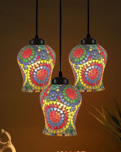 Floral Illustration Mosaic Cluster Three Hanging Lamps | 10 x 20 inches