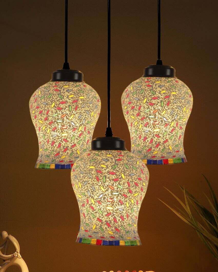 Elegant Charm Multicolor Mosaic Cluster Three Hanging Lamps | 10 x 20 inches