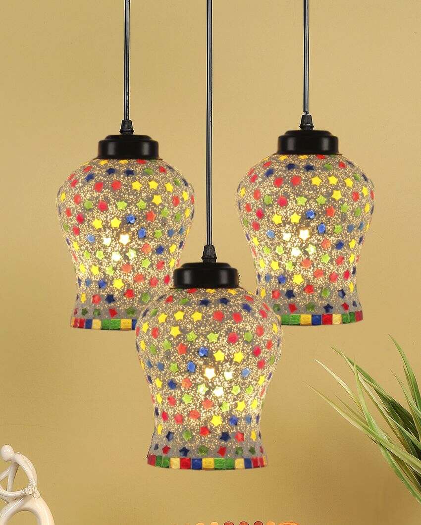 Multicolor Shining Stars Mosaic Cluster Three Hanging Lamps | 10 x 20 inches