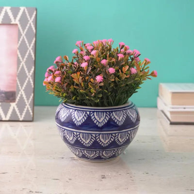 Dark Blue Worli Art Round Ceramic Planter | Blue | Plant Not Included